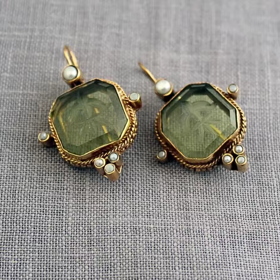 Theatre Vintage Earrings with Green Stone and Pearls
