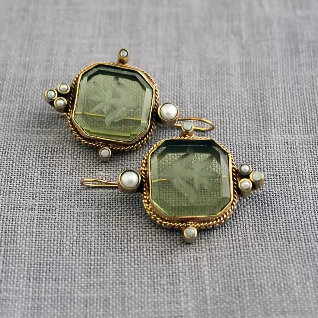 Theatre Vintage Earrings with Green Stone and Pearls