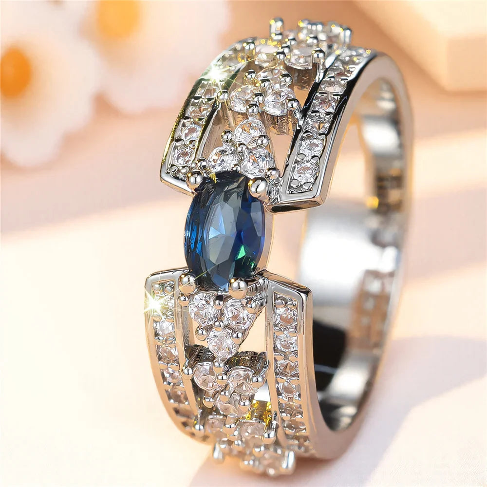 Zircon Oval Stone Silver Promise Rings