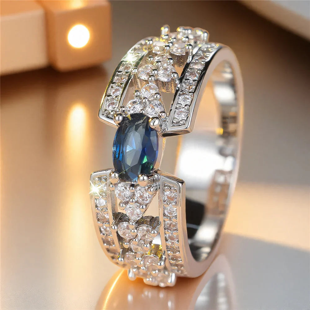 Zircon Oval Stone Silver Promise Rings
