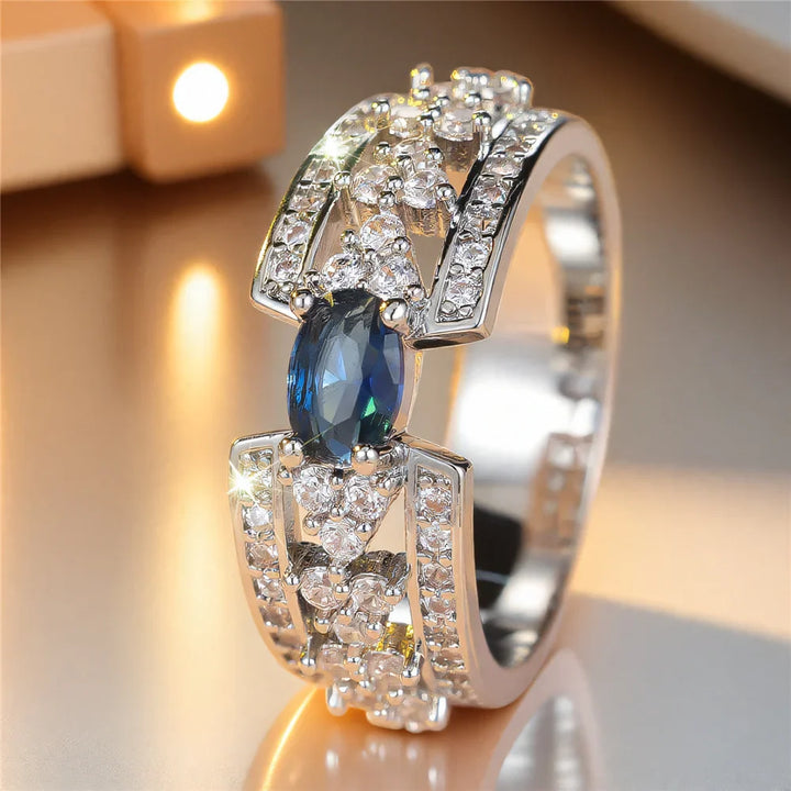 Zircon Oval Stone Silver Promise Rings