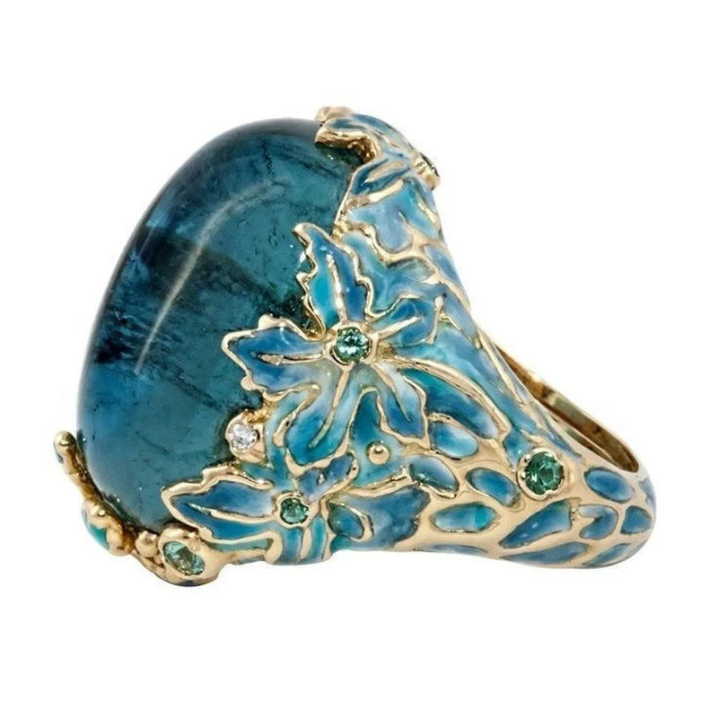 Flower Touch Rings Inlaid Blue Stone Ring