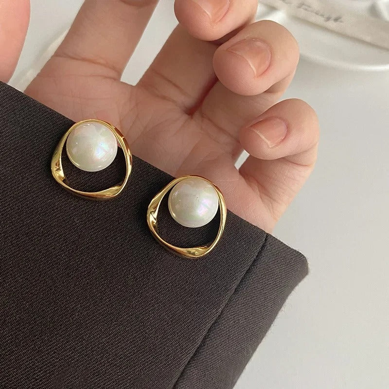 Pearl with Gold Triangle Earrings