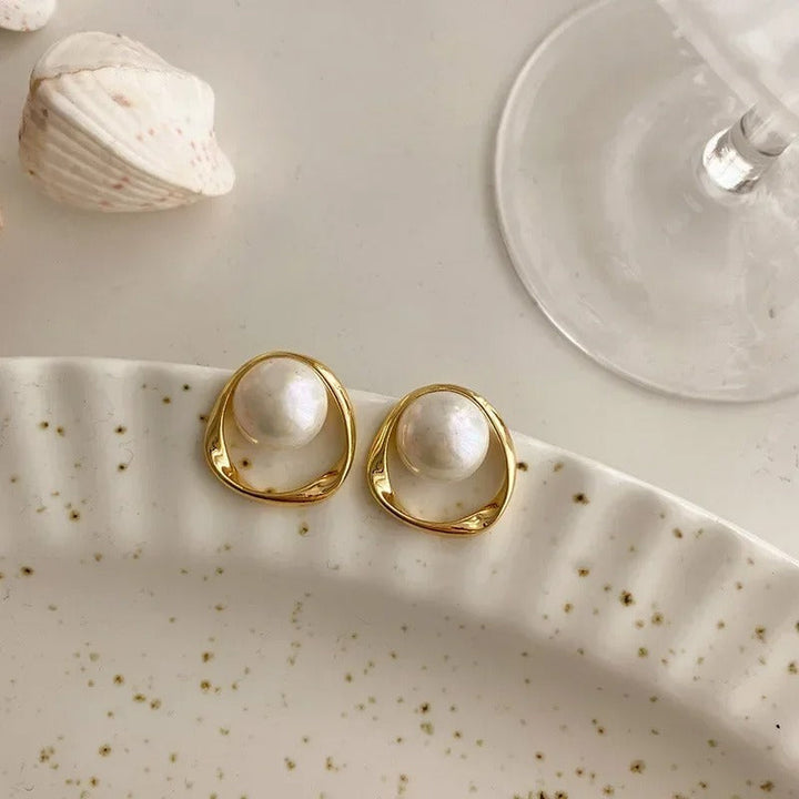 Pearl with Gold Triangle Earrings
