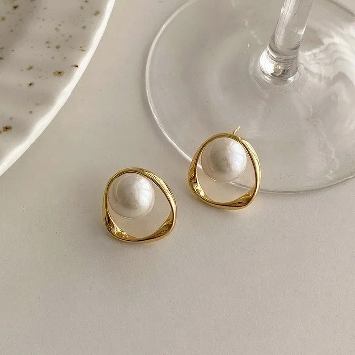 Pearl with Gold Triangle Earrings